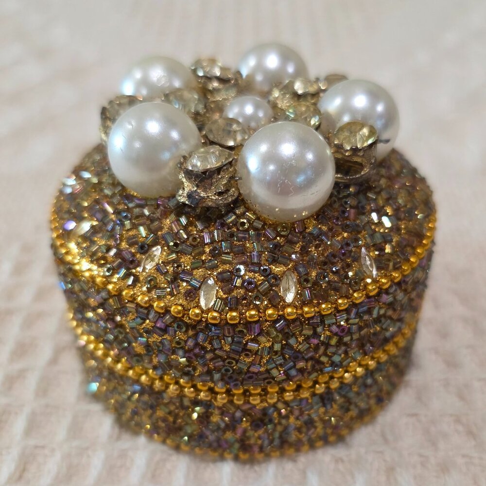 Vintage Gold Bead Pearl & Rhinestone Encrusted Metal Trinket Gift Vanity Box